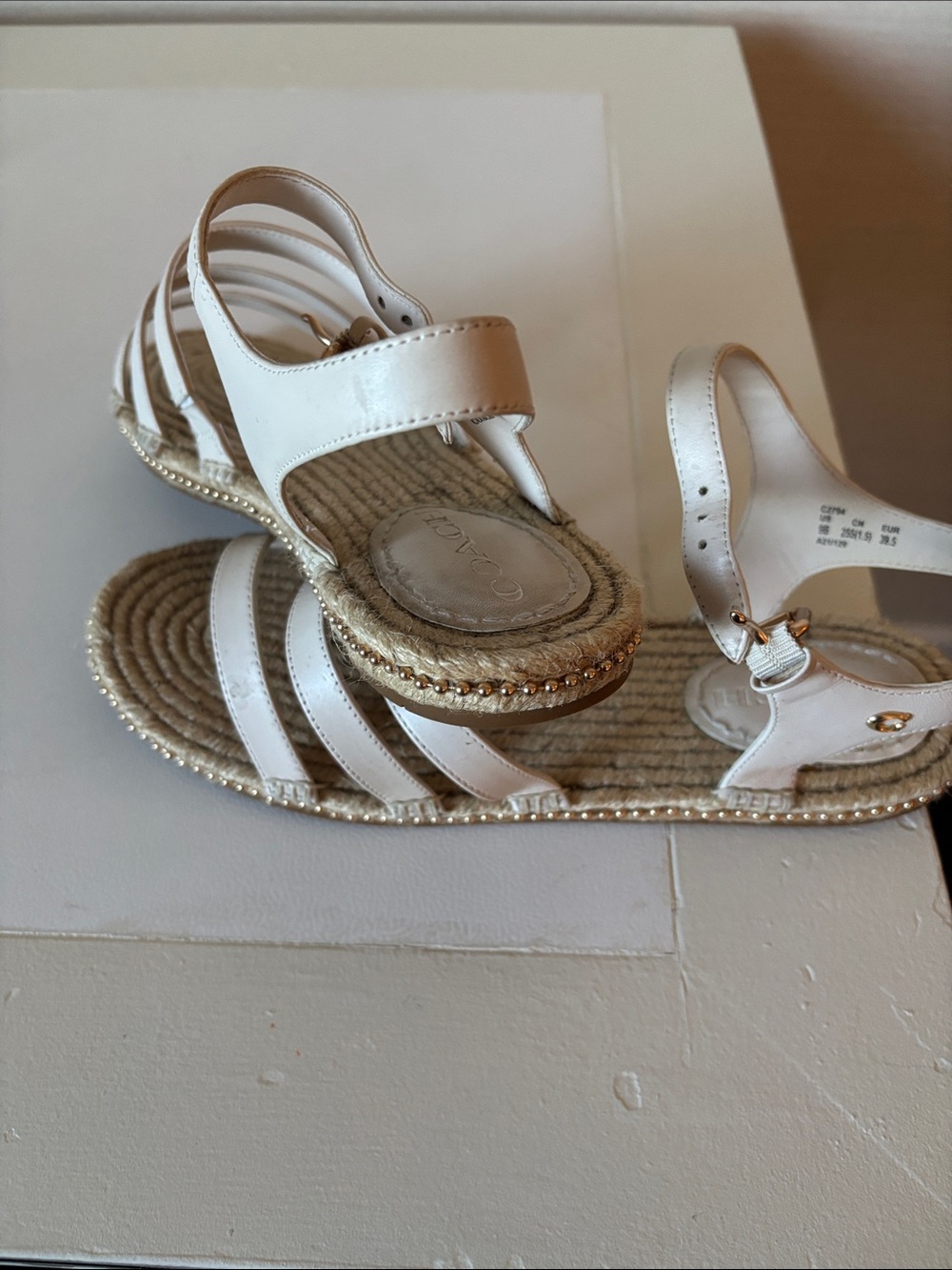 Coach White Leather Espadrille Sandals with Gold Accents - Picture 6 of 9